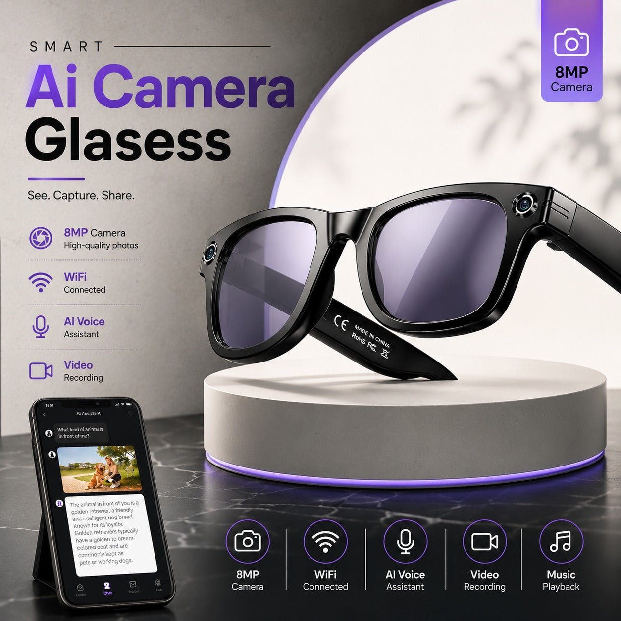 Smart AI Camera Glasses