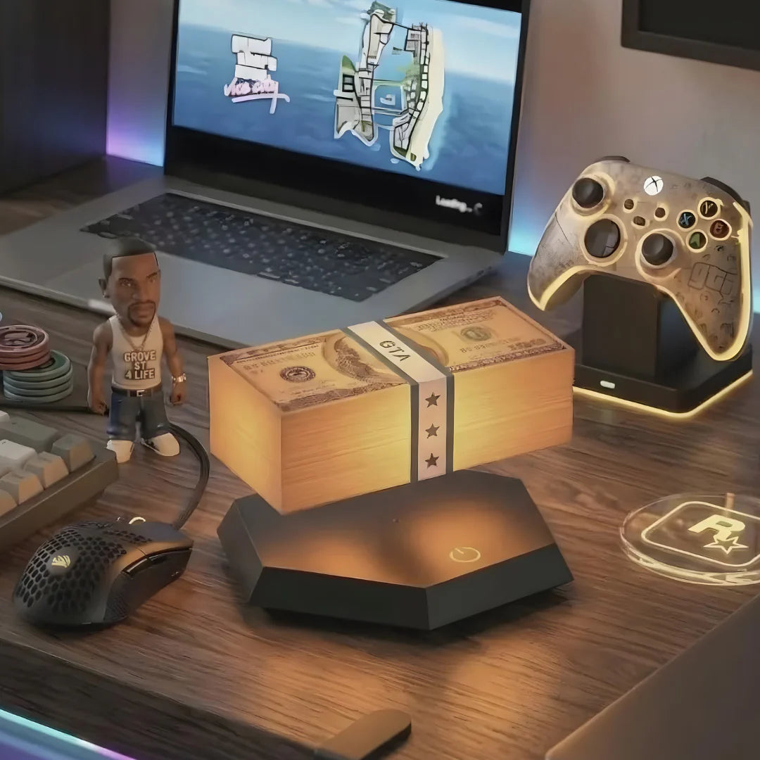 GTA-inspired magnetic floating money lamp on a gaming desk
