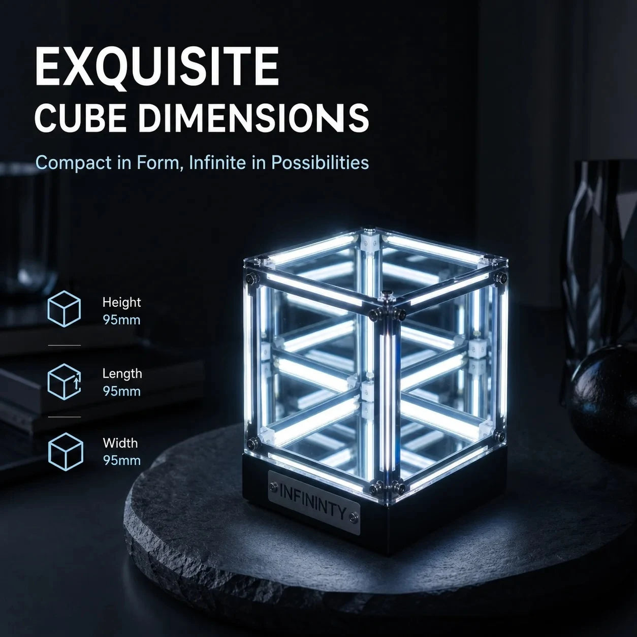 Deep Sea Infinity Cube Lamp dimensions showing a 95 millimetre cube