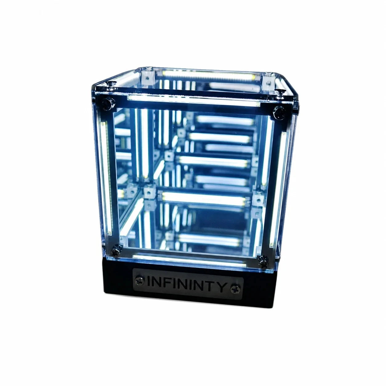 Front view of the cool white Deep Sea Infinity Cube Lamp and its repeated mirror tunnel