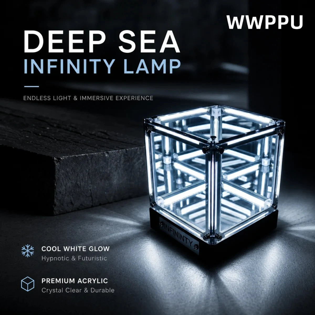 Deep Sea Infinity Cube Lamp glowing cool white in a dark interior