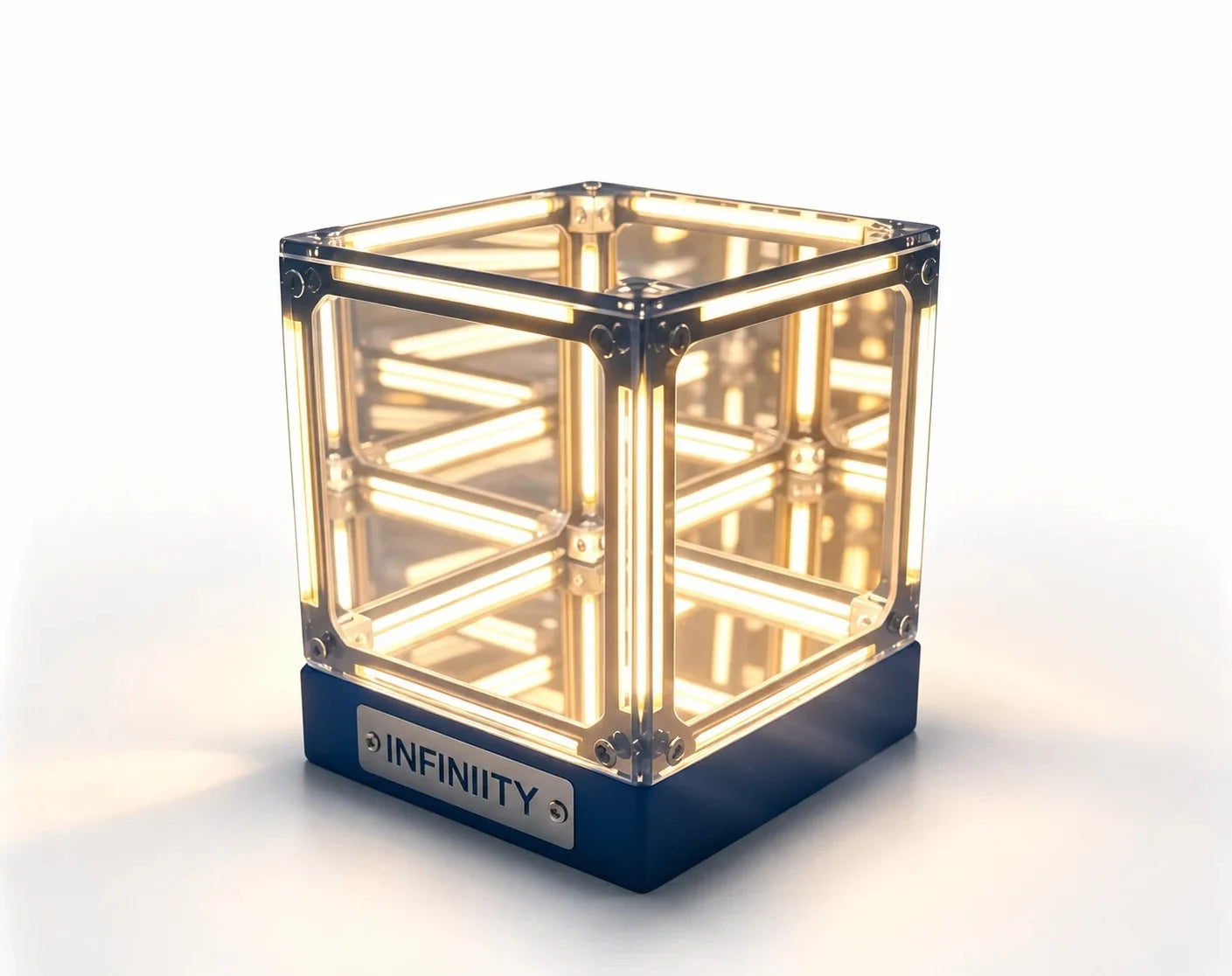 Warm gold Deep Sea Infinity Cube Lamp on a clean white background
